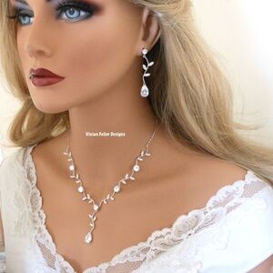 Bridal Jewelry Set VINE Wedding Bridal Necklace Earrings CZ Crystal Prom
